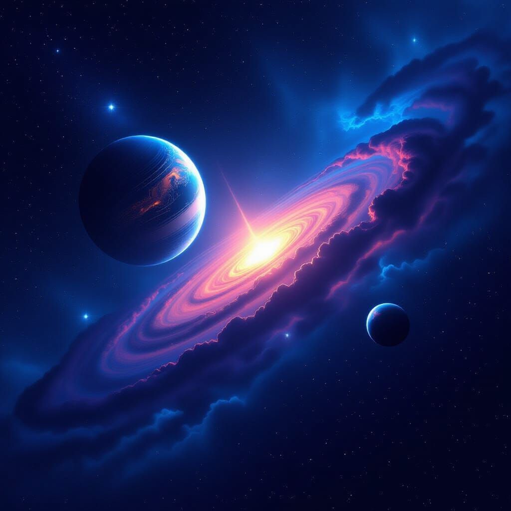 Neon Futuristic Solar System in Dark Starry Sky