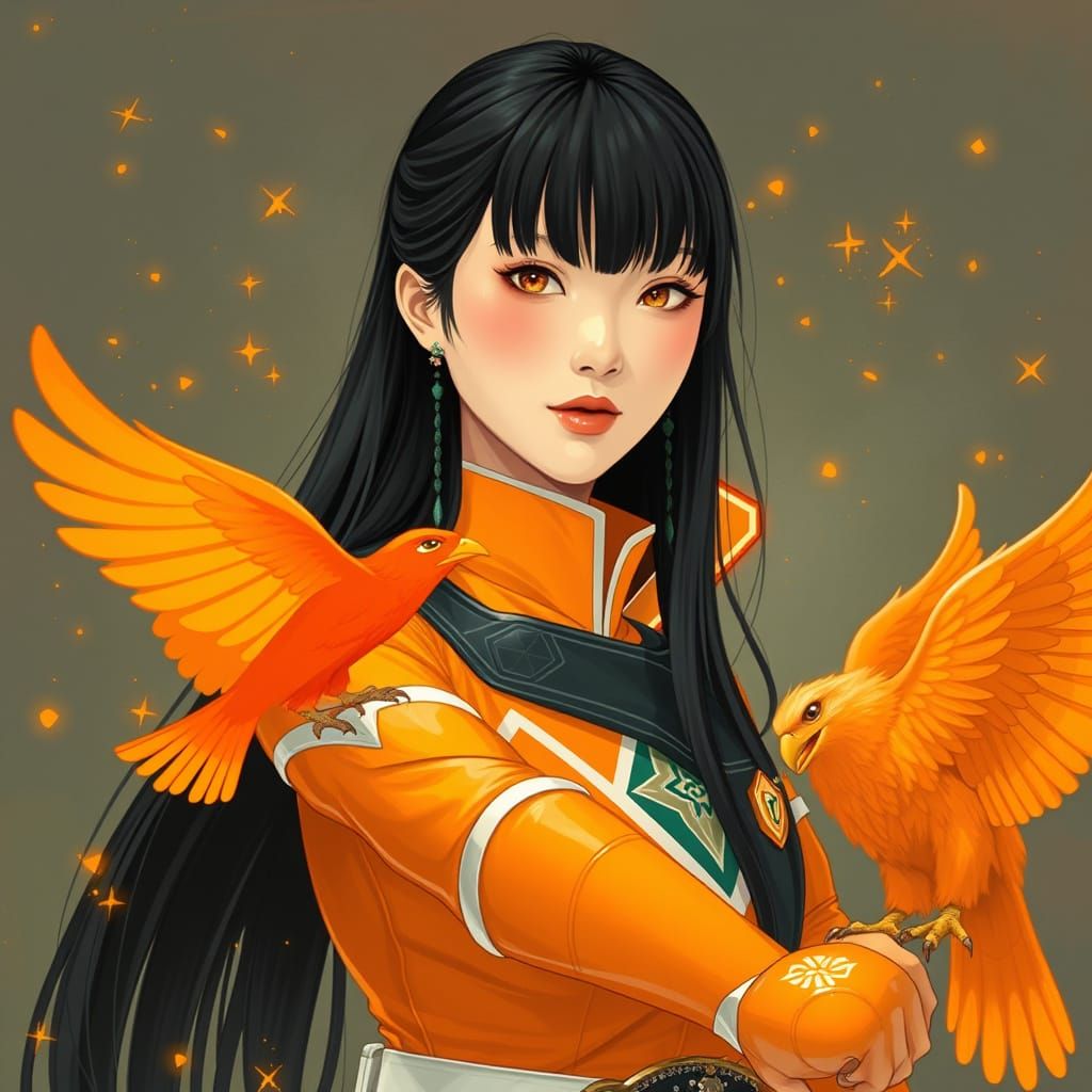 Vietnamese woman as the orange quartz power ranger with long...