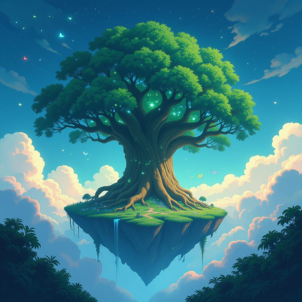 Ancient Tree Island in Cosmic Abyss, Bioluminescent Flora