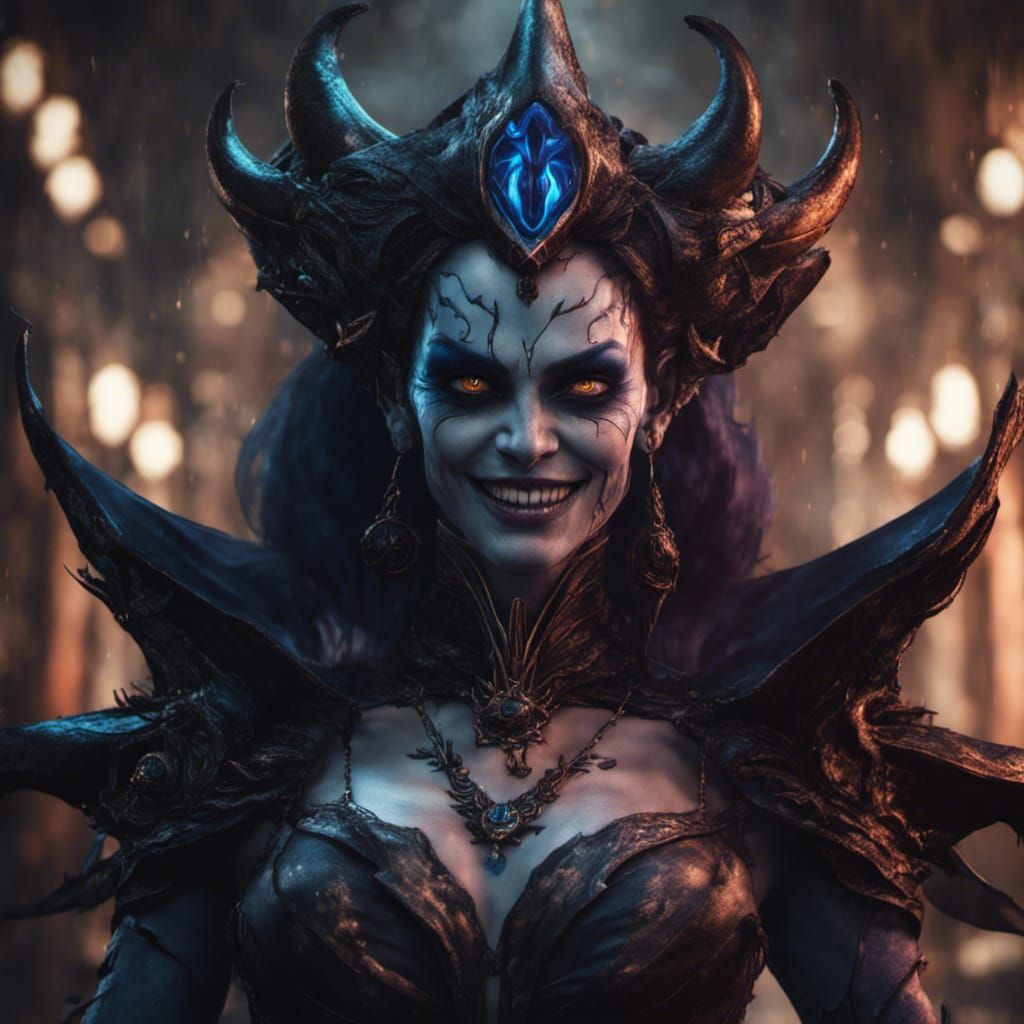 Blue-Faced Villainess Grinning: Detailed Fantasy Art