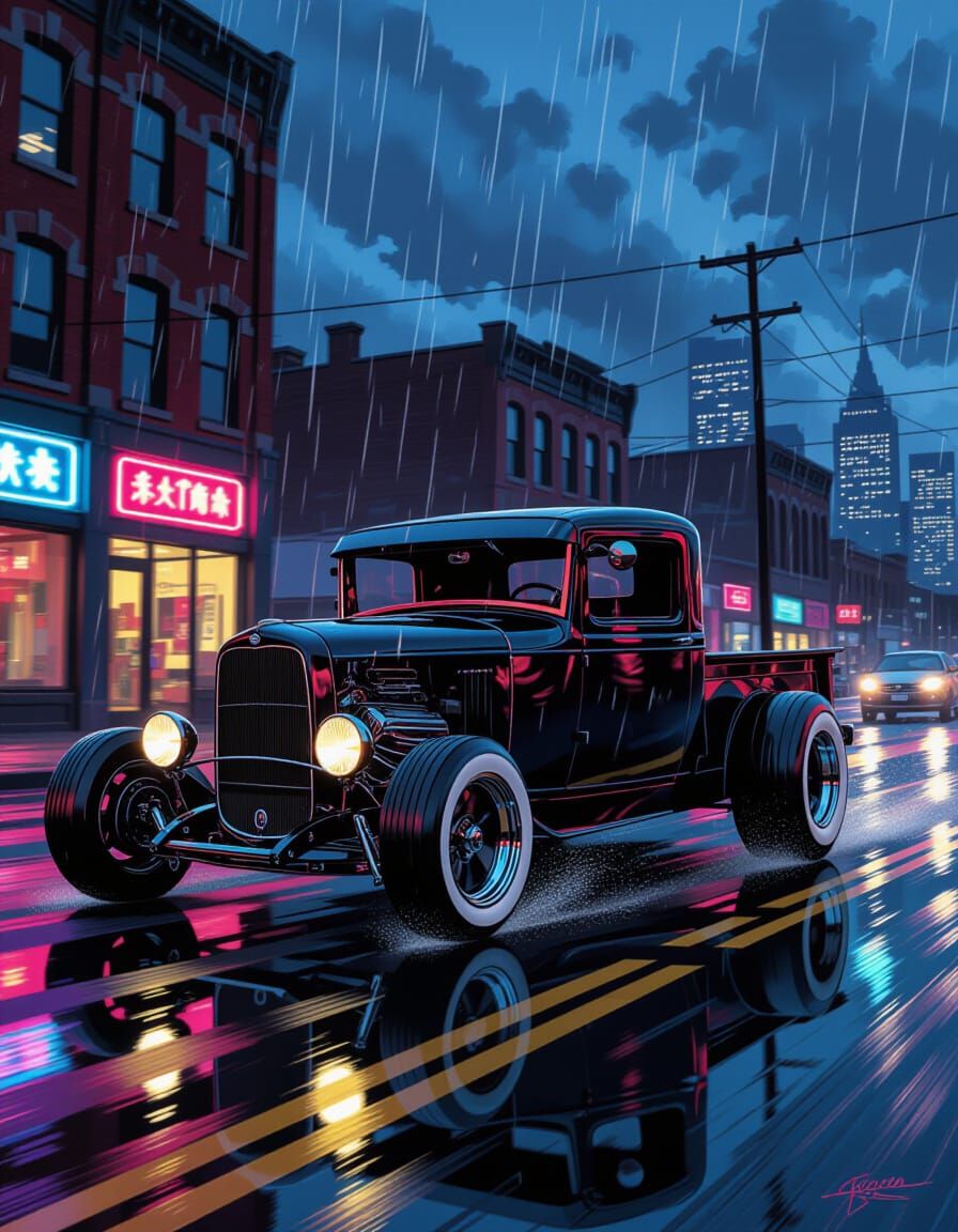 Hyperrealistic Rat Rod Pickup Truck in Rainy Detroit