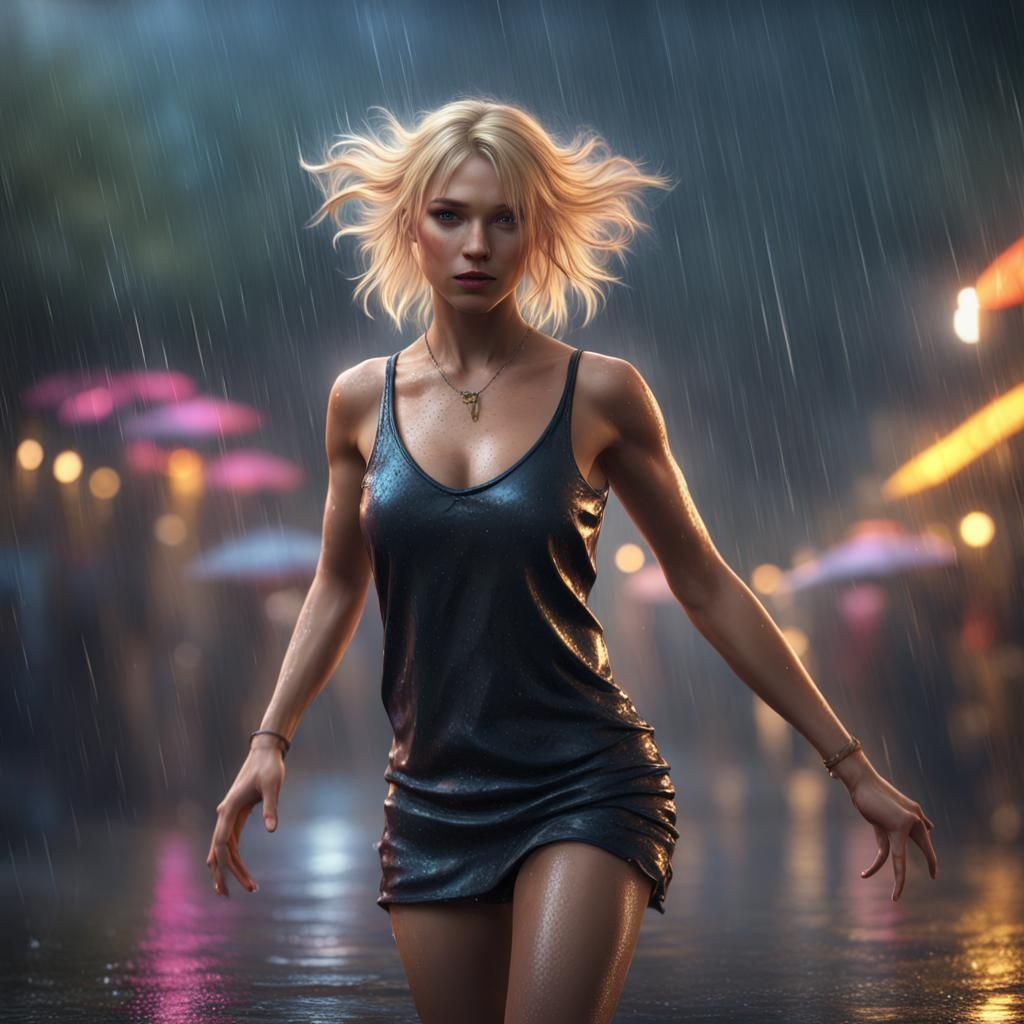 Blonde Girl Dancing in Rain: Detailed Matte Painting