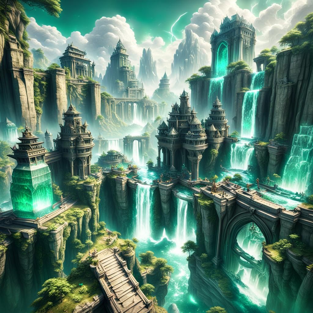 Floating Ancient City with Emerald Crystals