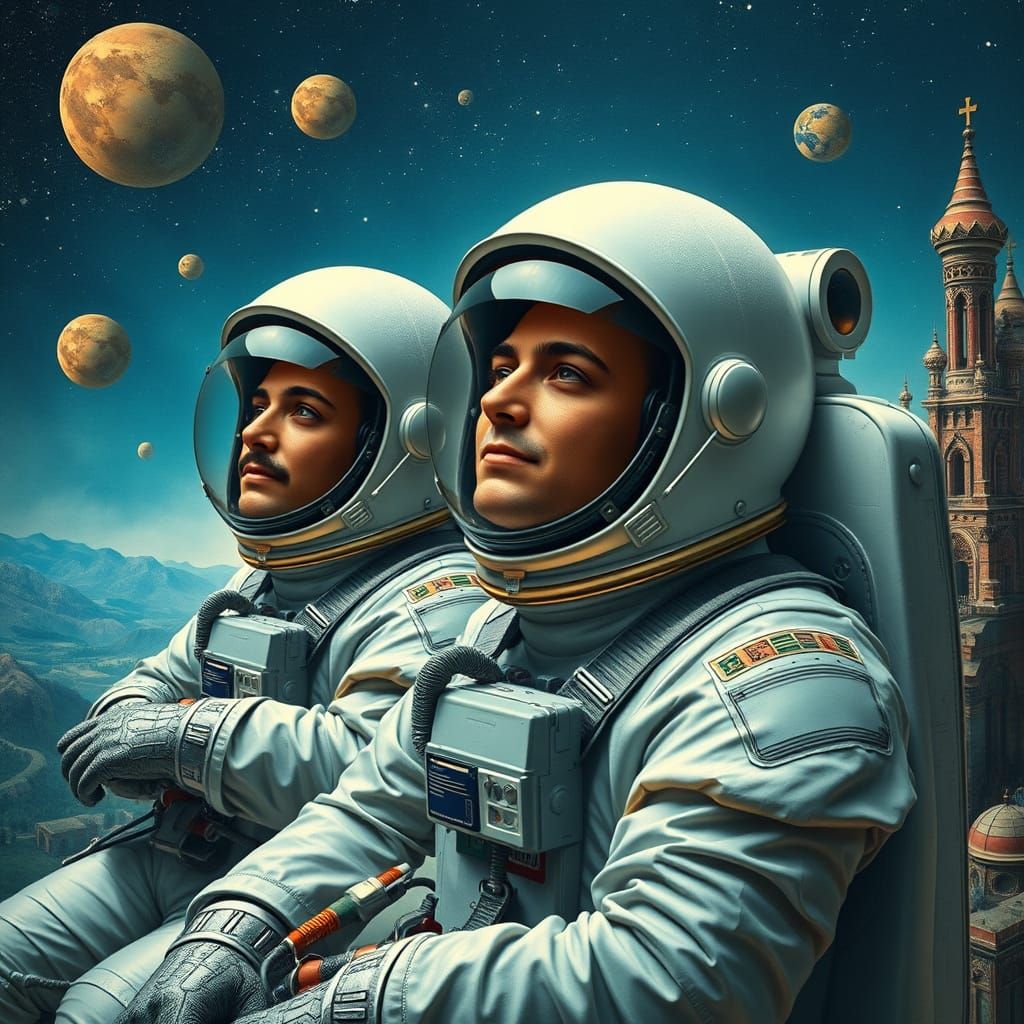 Surrealist Astronauts in Golden Helmets and Silver Gloves So...