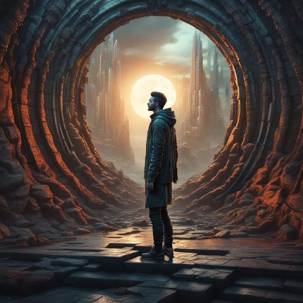 Man Before Portal with Galactic Projections