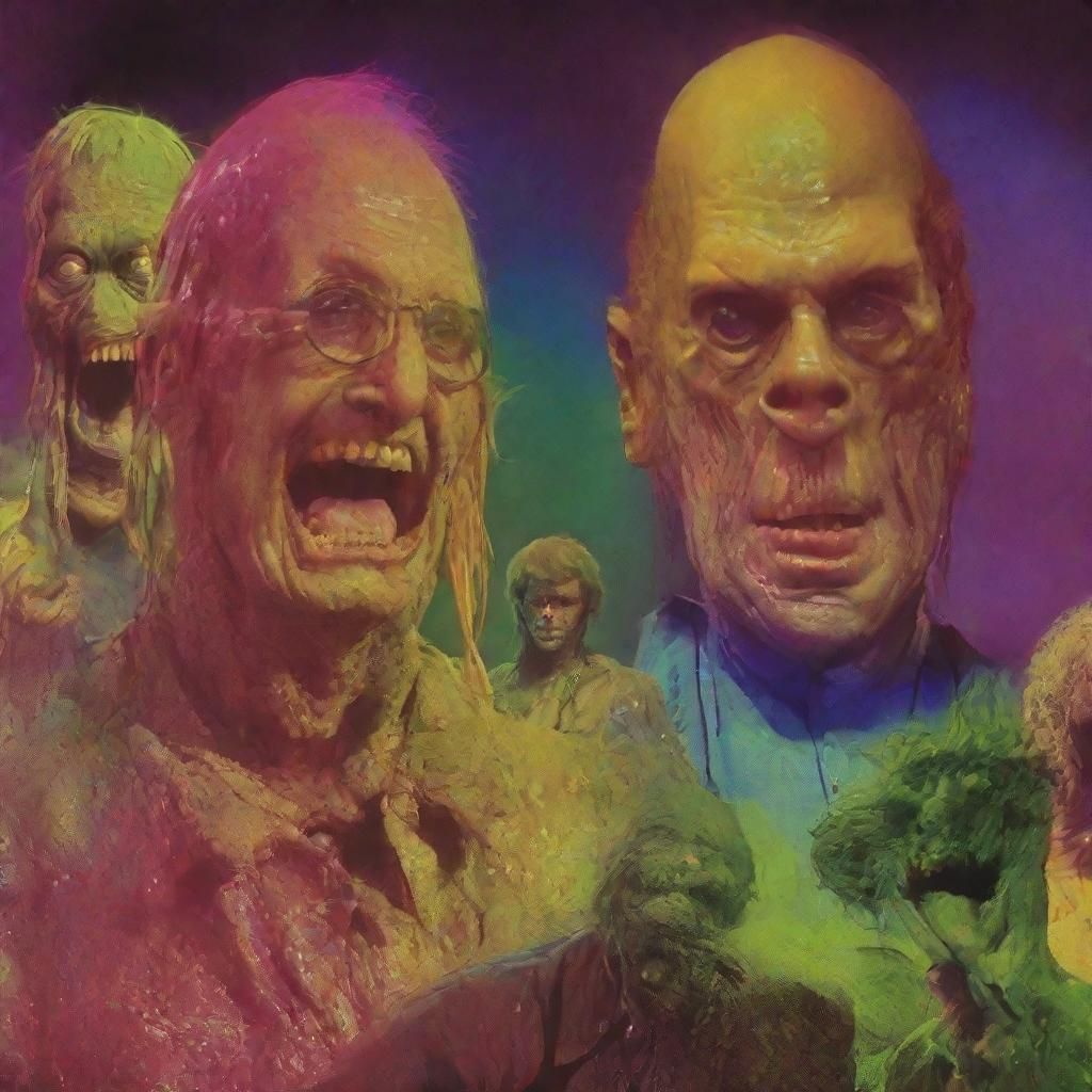 The slimy ones; gross disgusting dudes in 4k; retro 70s uk telethon, mellow diffused lighting in lurid state of psychede...