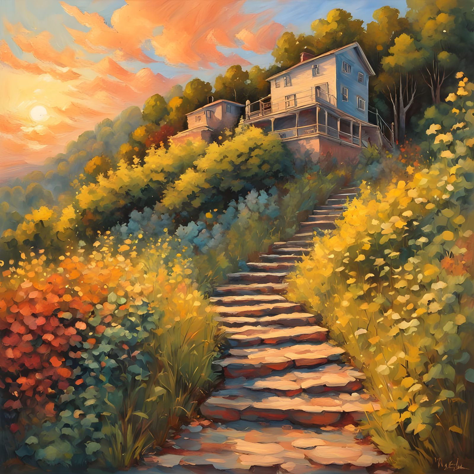 Vibrant Gouache Masterpiece on a Steep Hillside