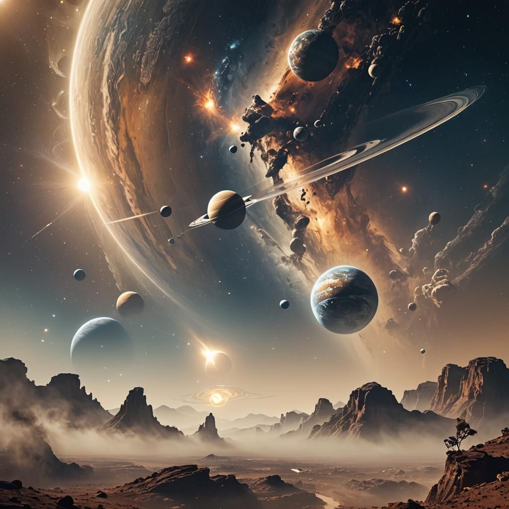 Ethereal Solar System View with Spaceship and Moon