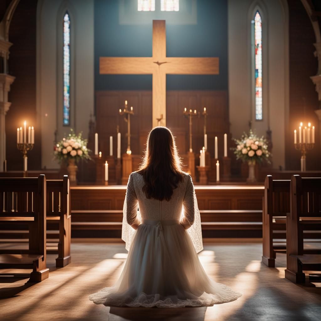 Woman Praying at Altar in Tranquil Church