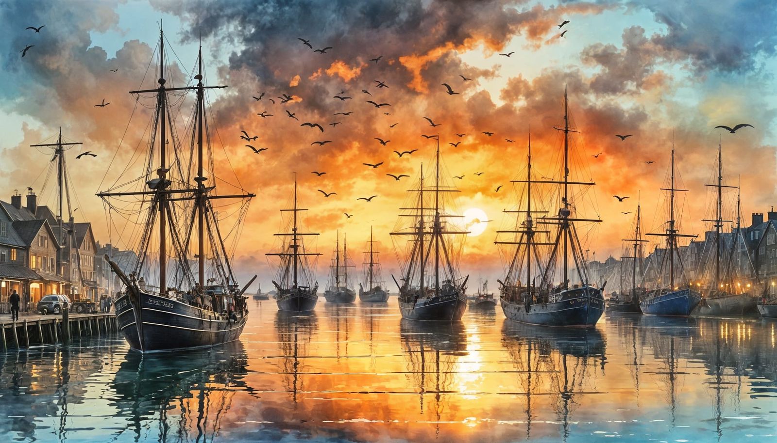 Sunset Harbor Scene in Watercolor Style
