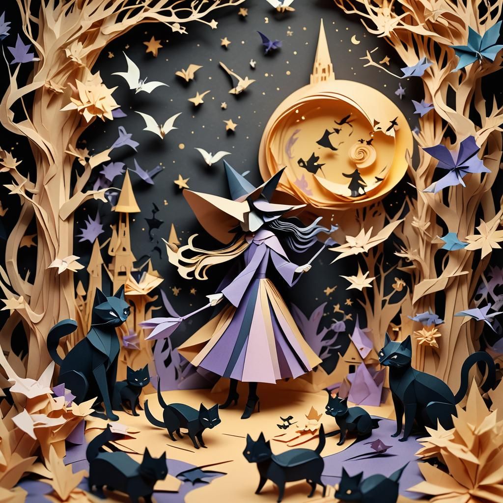 Whimsical Papercraft Witch Performing Spells