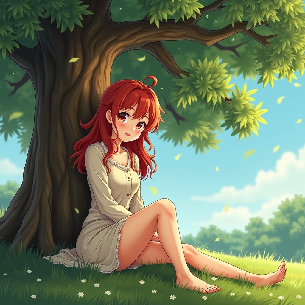 Girl beside tree