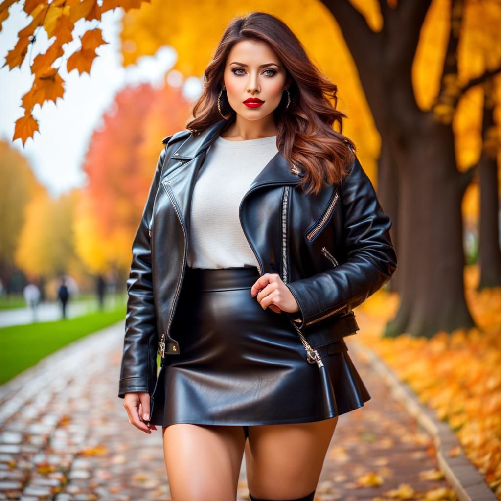 Young Woman in Leather in Autumn Park