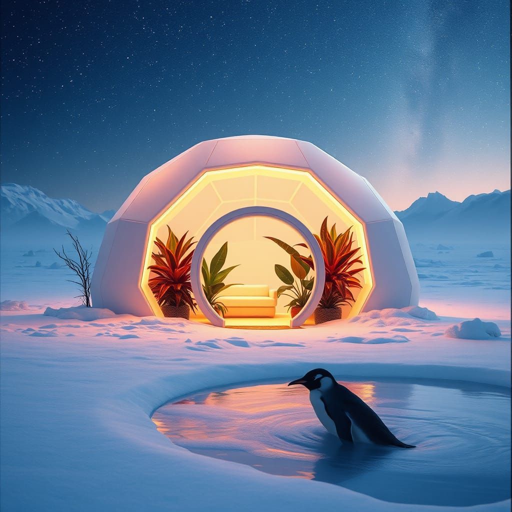 Surreal Winter Camping Scene in Futuristic Igloo Tent
