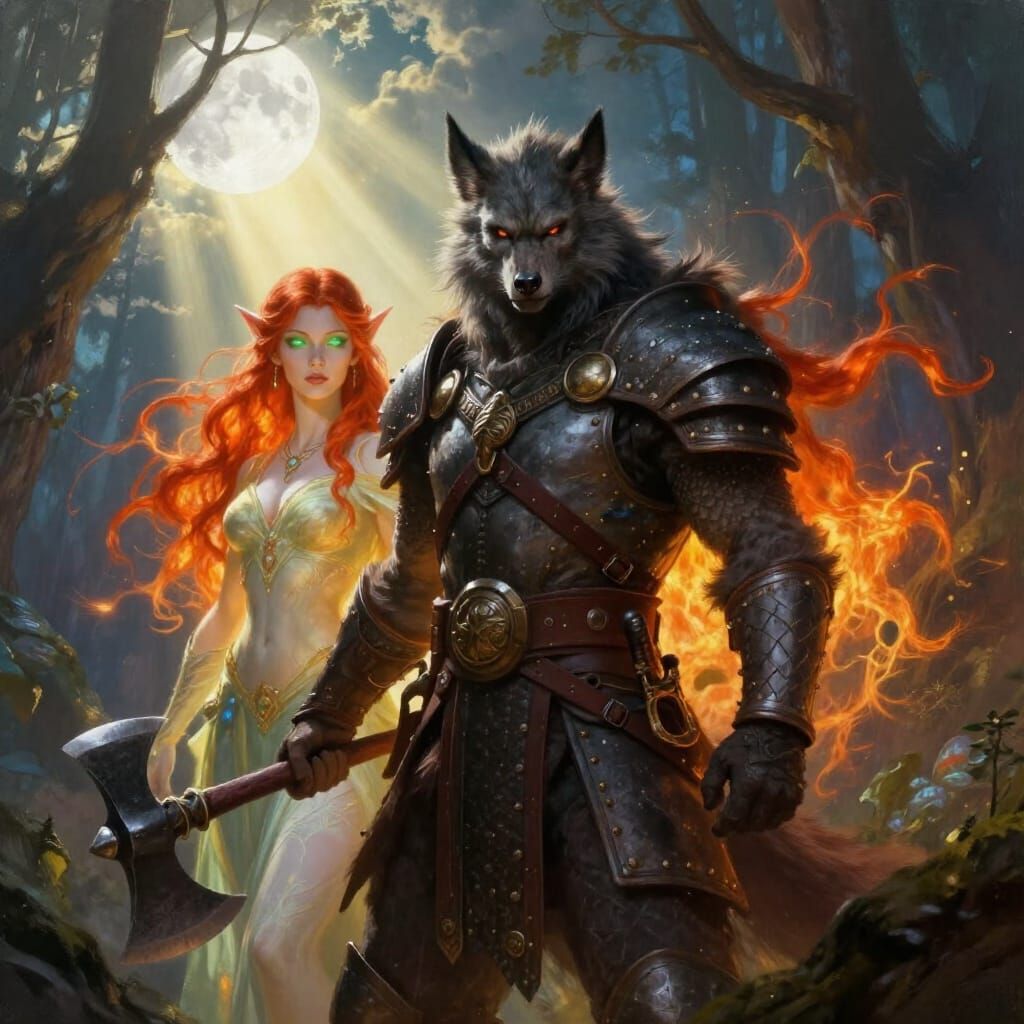 Werewolf Viking Warrior and Elven Archer in Moonlit Forest