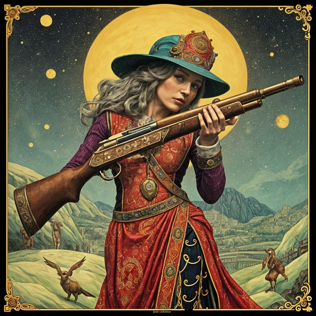 Cyberpunk Granny with Shotgun in Art Nouveau Style