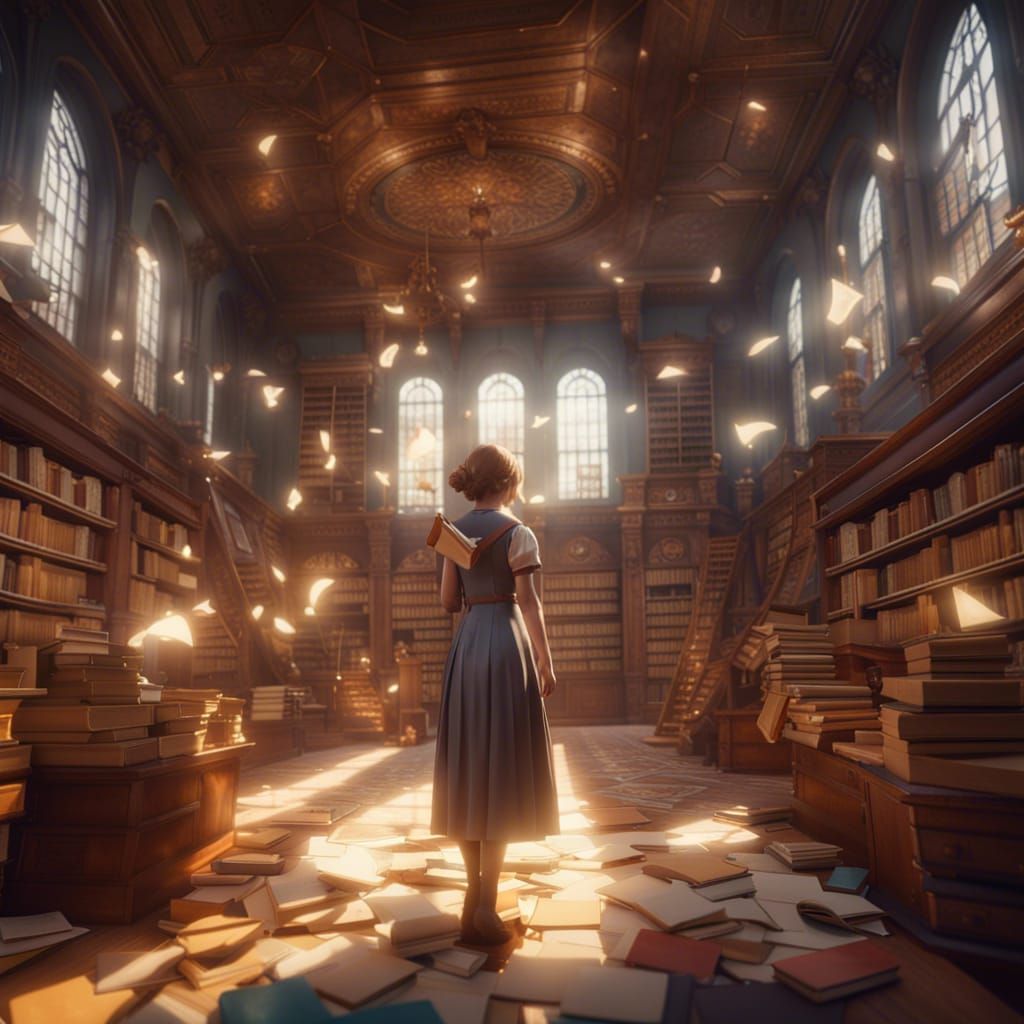 Girl Reading Surrounded by Flying Books
