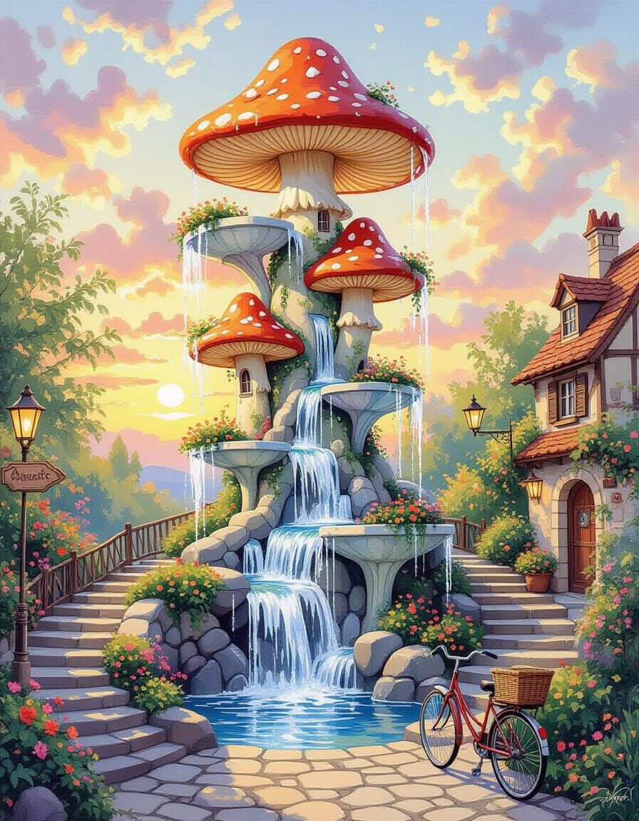 Cascading Fairy Fountain in Impressionist Watercolour Style
