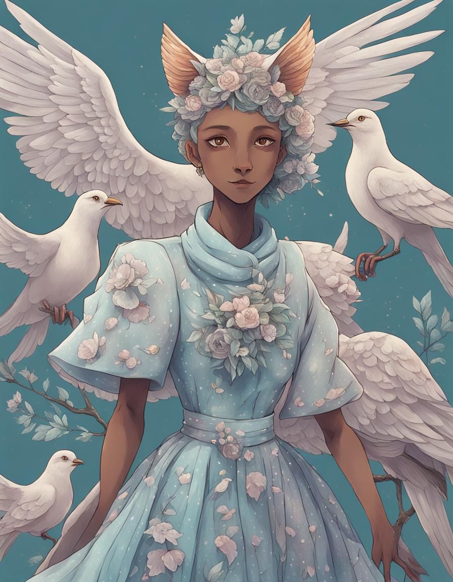 Sensual Anthropomorphic Dove Girl in Anime Style