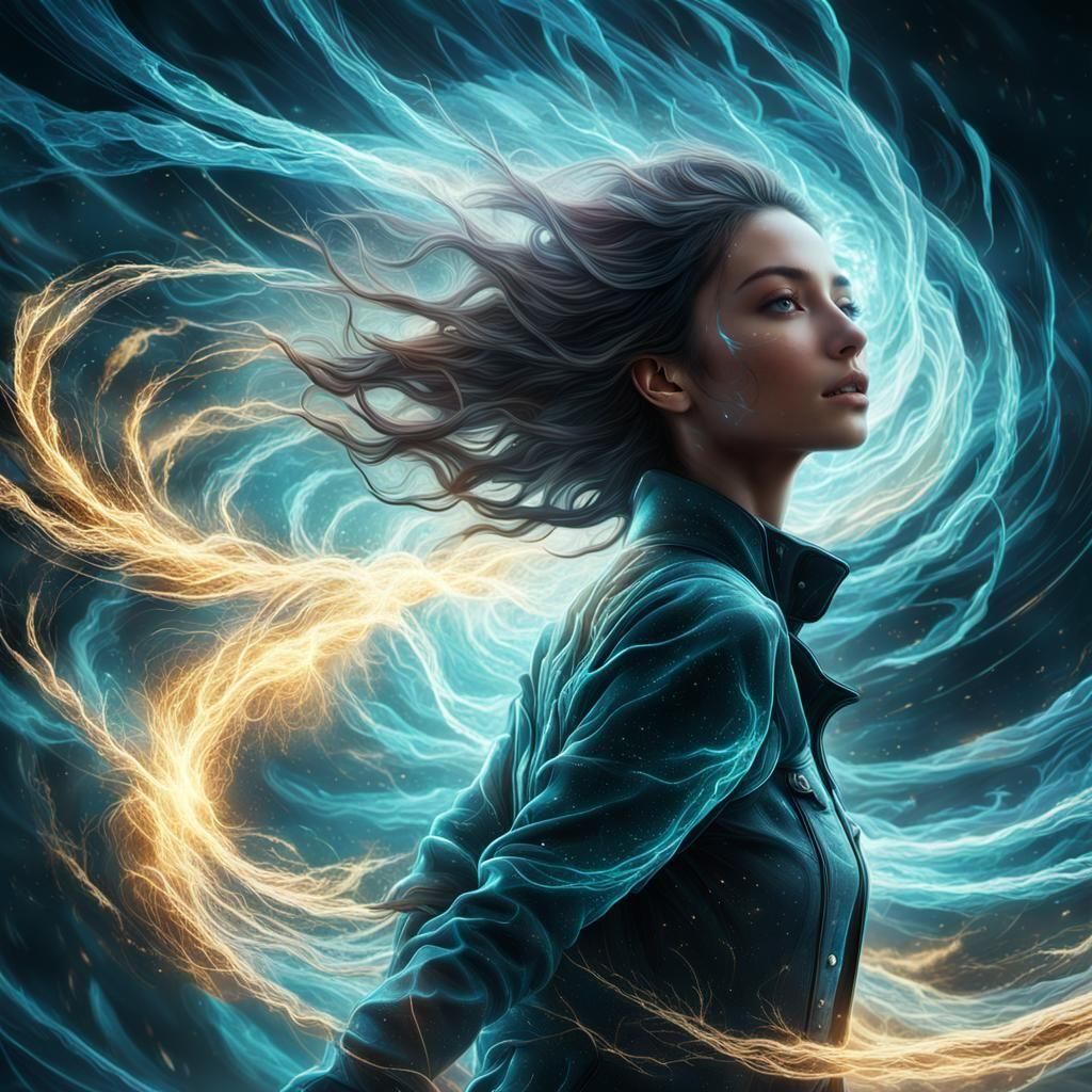 Young Woman in Swirling Winds: Graffiti Art Style