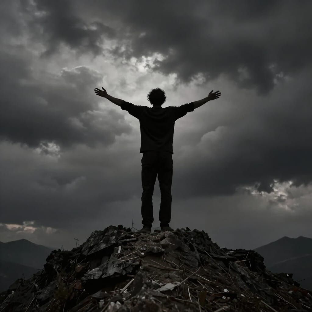Figure of Sacrifice on Mountain Peak in Surreal Style