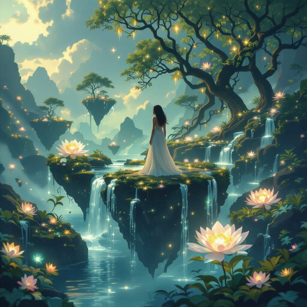 Crystalline Waterfalls Between Floating Twilight Islands