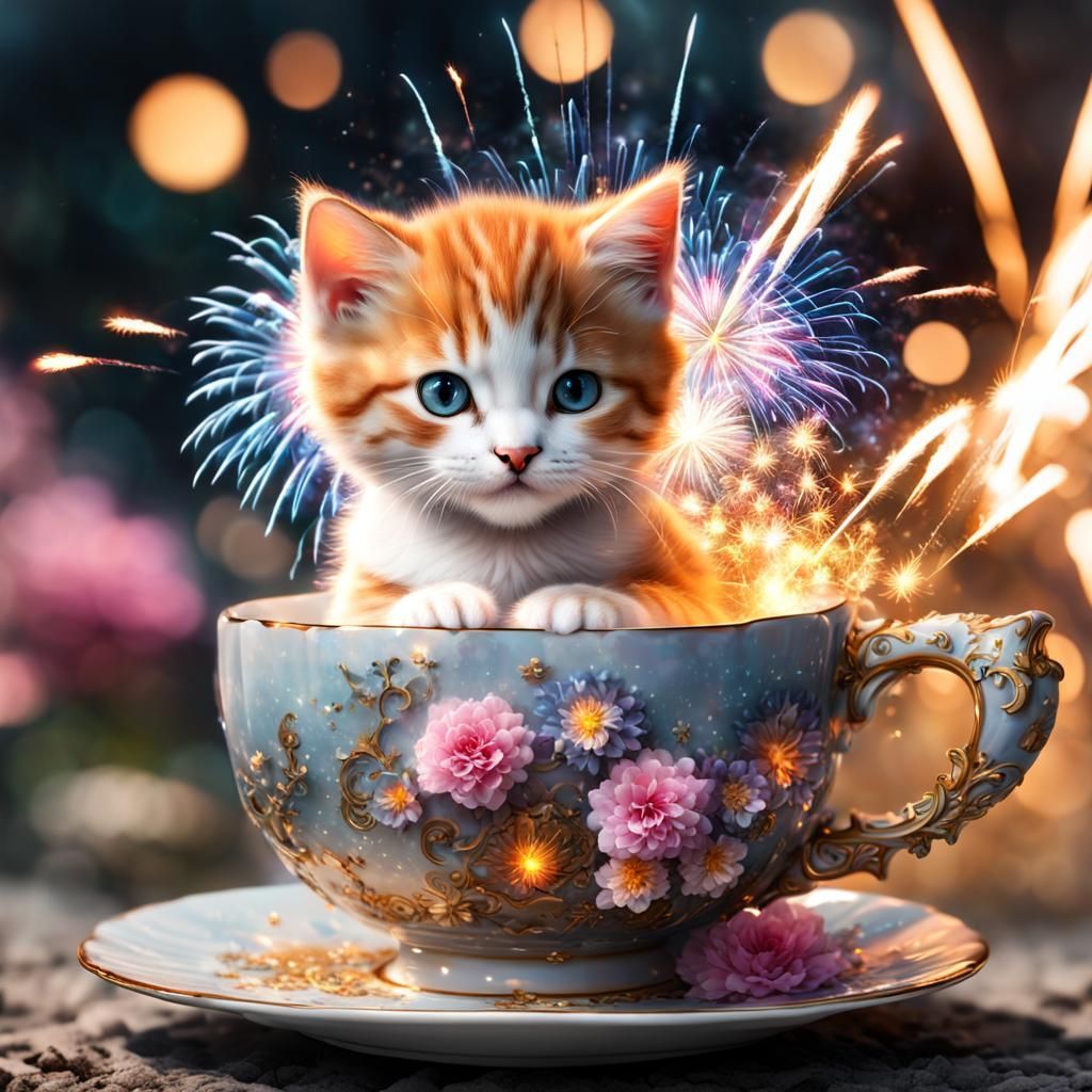 Calico Kitten in Fireworks Teacup: Hyperdetailed CGI