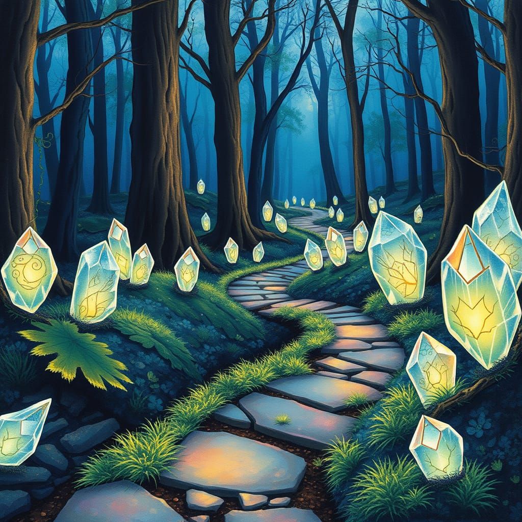 Forest Pathway Lit by Luminescent Crystals in Candyland Styl...