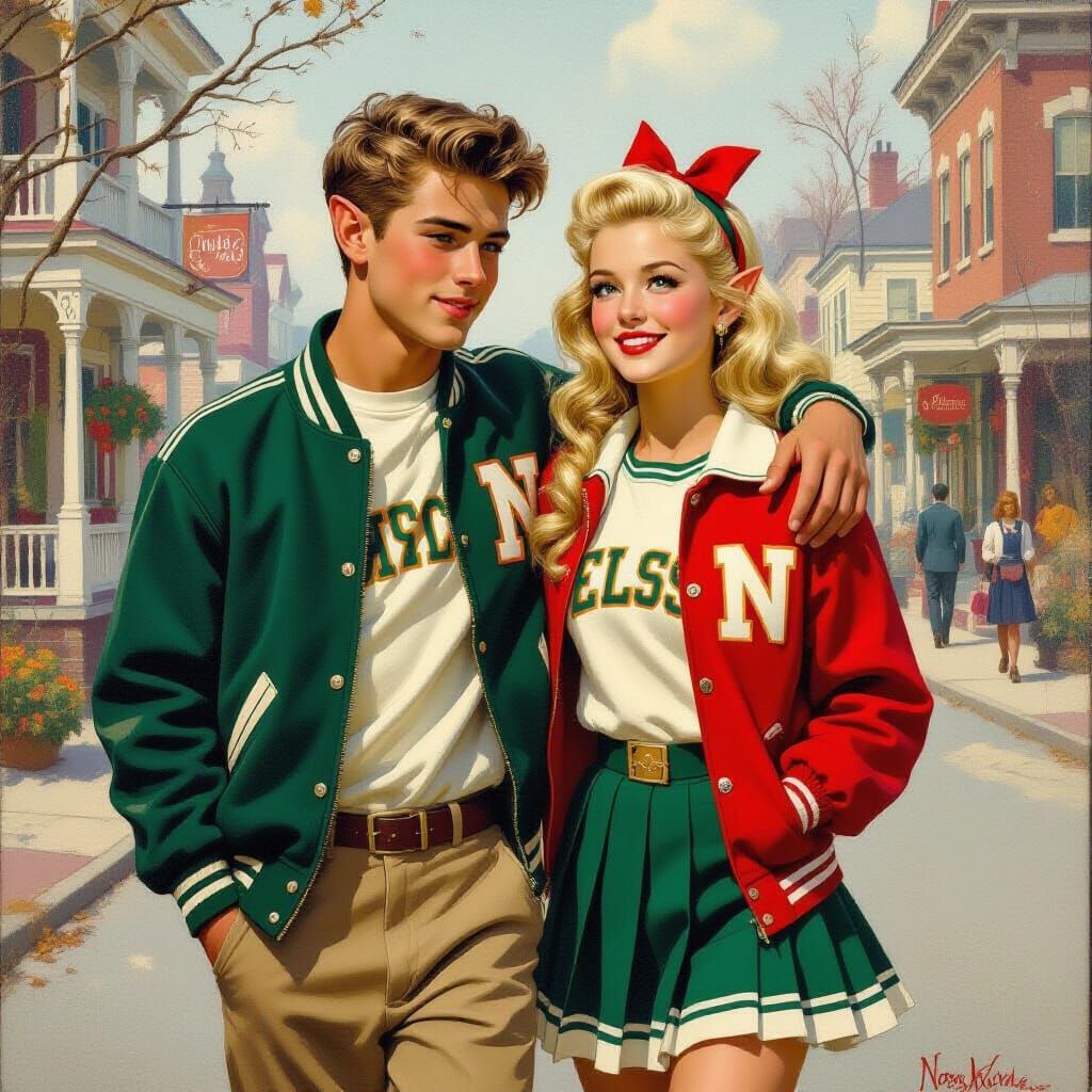 Nostalgic Oil Painting of Elf Teens on Small Town Street