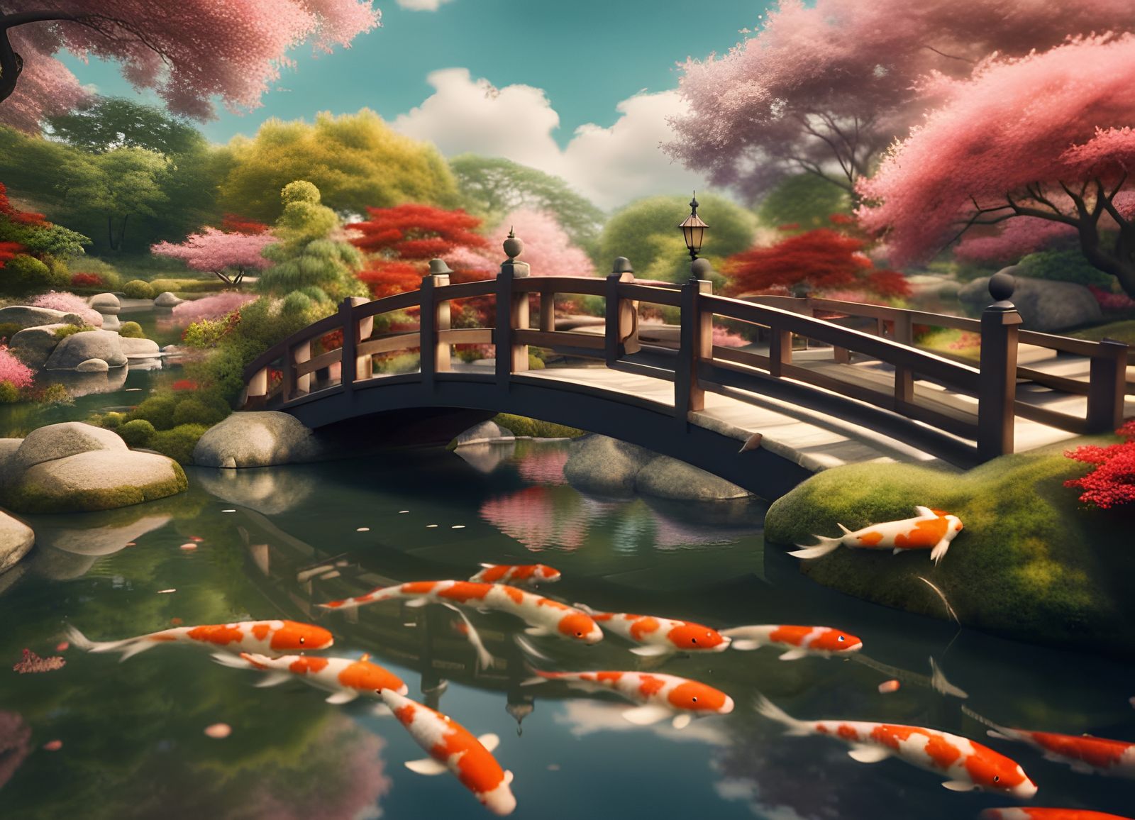 Japanese Garden Bridge Over Koi Pond