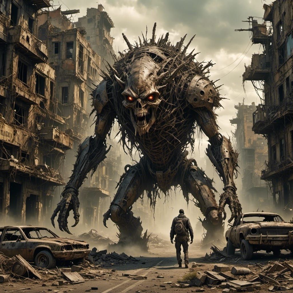 Post-Apocalyptic Monster in Ravaged City