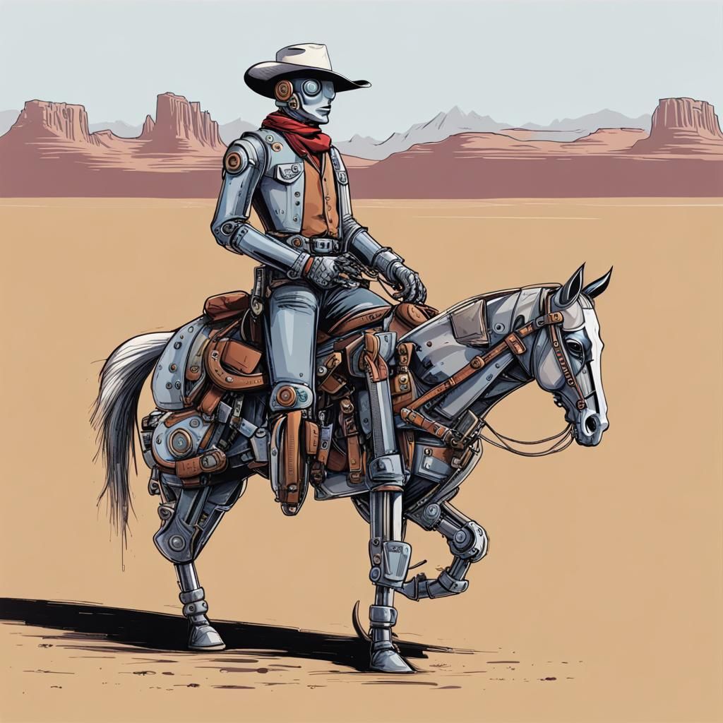 Robot Cowboy Rides On Horseback