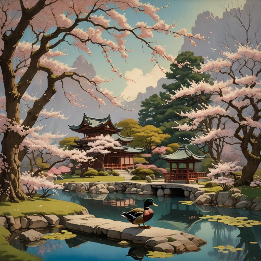 Duck in Japanese Garden, Maxfield Parrish Style