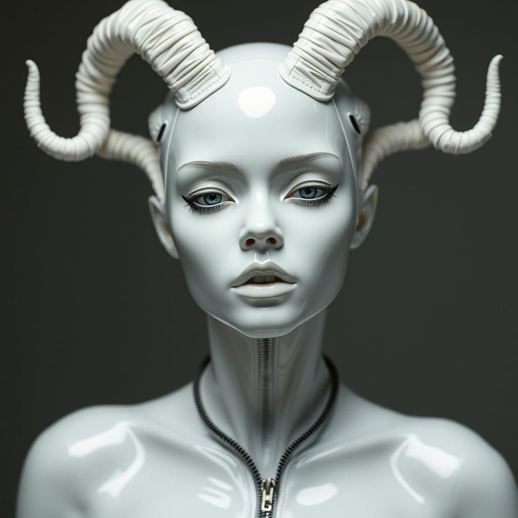 Feminine Latex Goddess in Metallic Armor