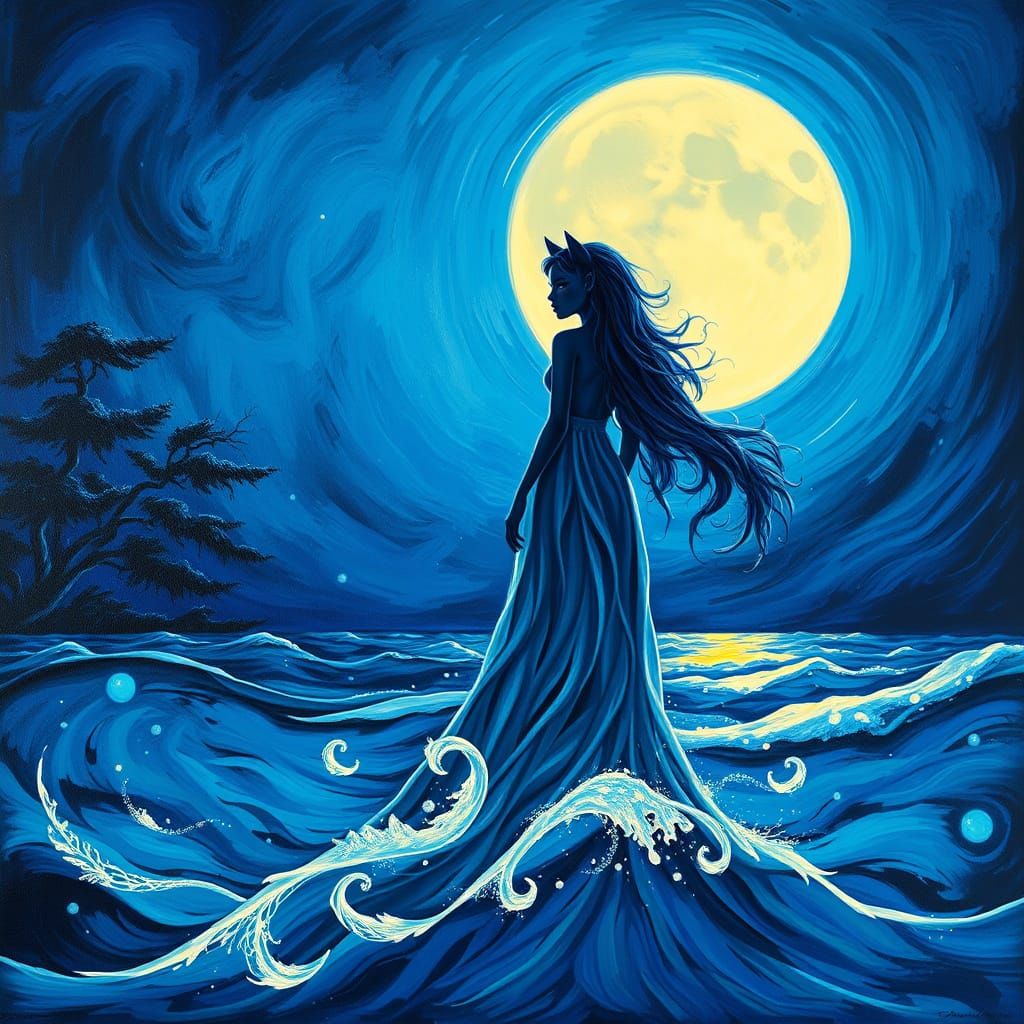 Mystical Werewolf-Dryad Oil Painting in Van Gogh Style