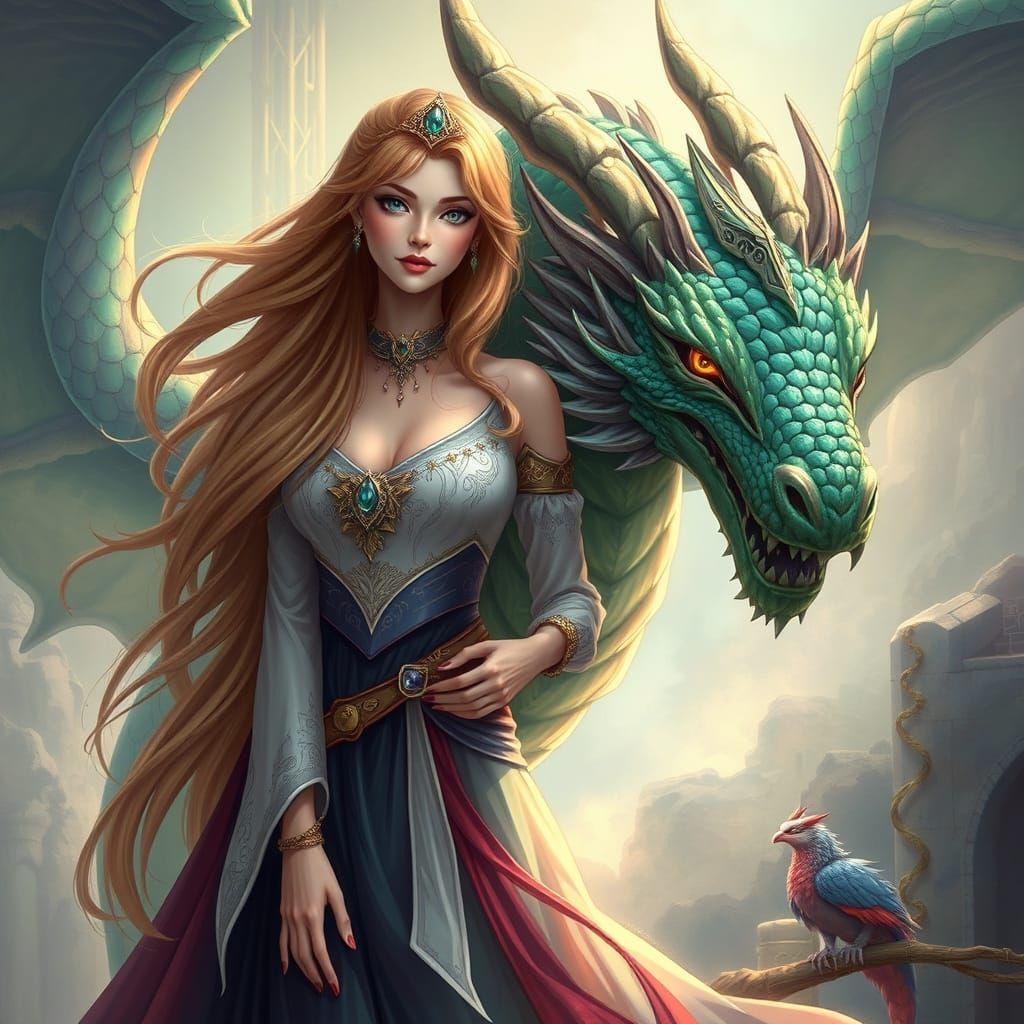 Elegant Dragon Companion in Whimsical Fantasy Art