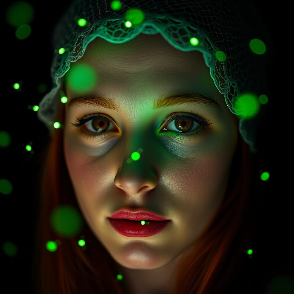 A Hyperdetailed Close-up of a Woman in an Ethereal Green Glo...