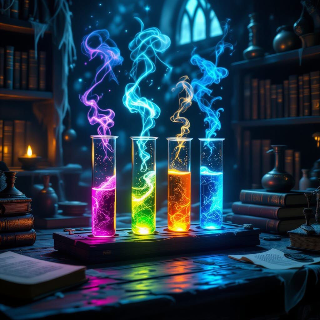 Magical Glowing Liquids in Mysterious Laboratory
