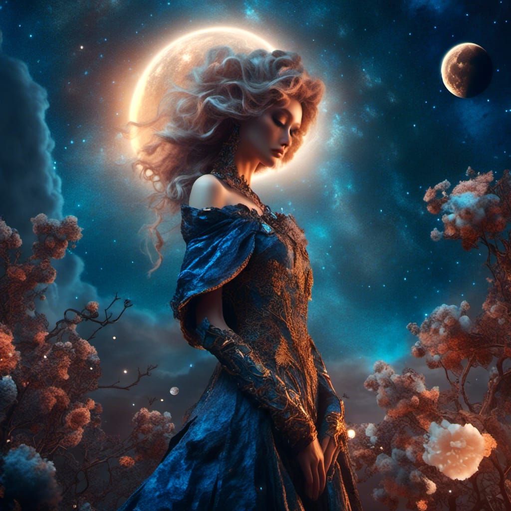 Cosmic Female Energy Portrait Under Blue Moon