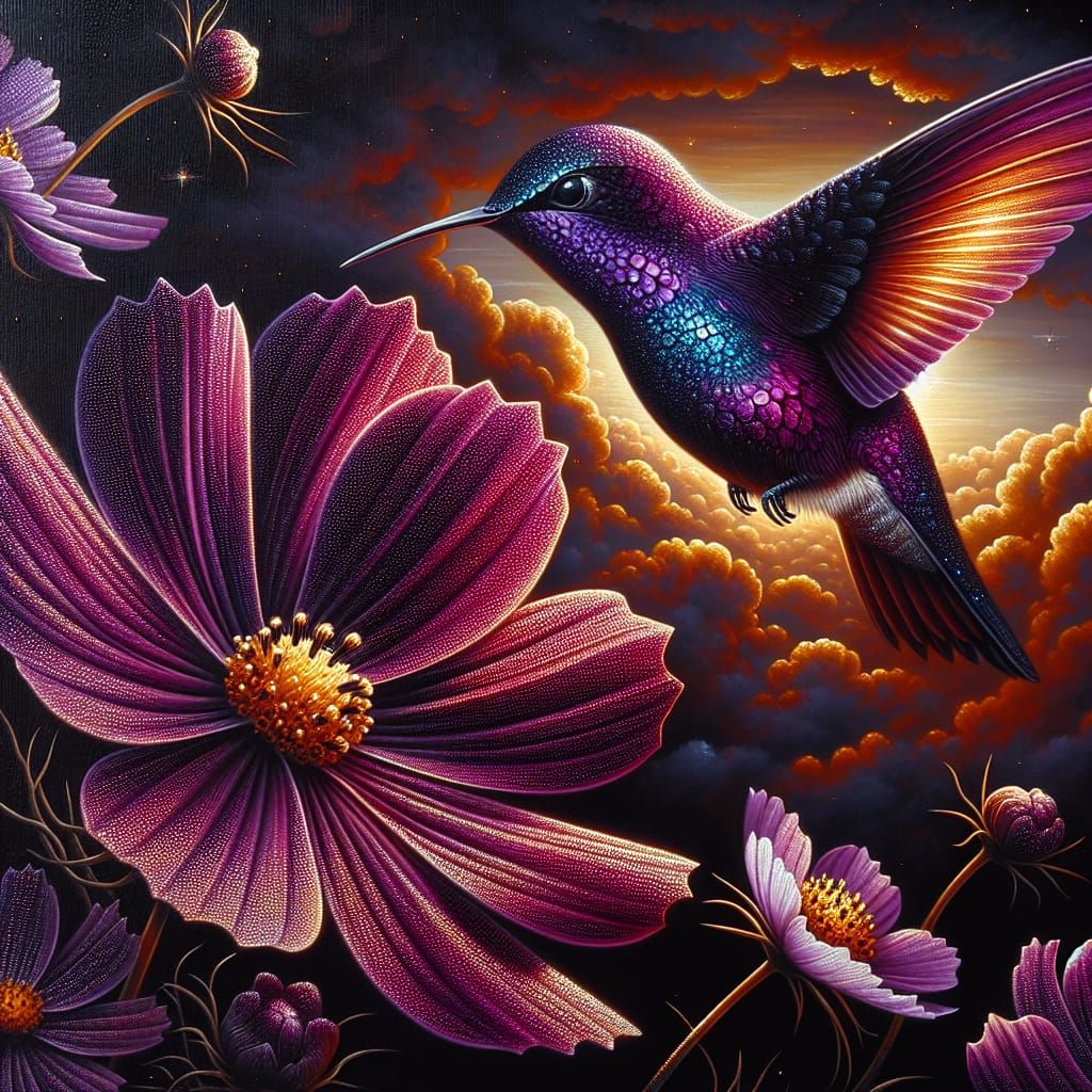 Hummingbird in Oil Painting with Sunset Clouds