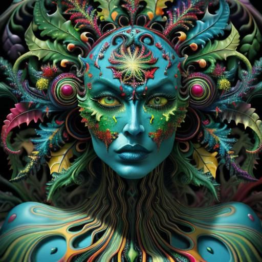 Psychedelic Fractal Leaves in Vivid Oil Painting