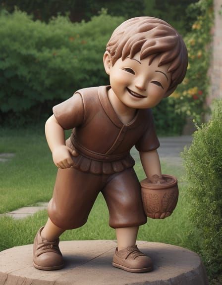 Carved Clay Pottery of Cheerful Boy Statue