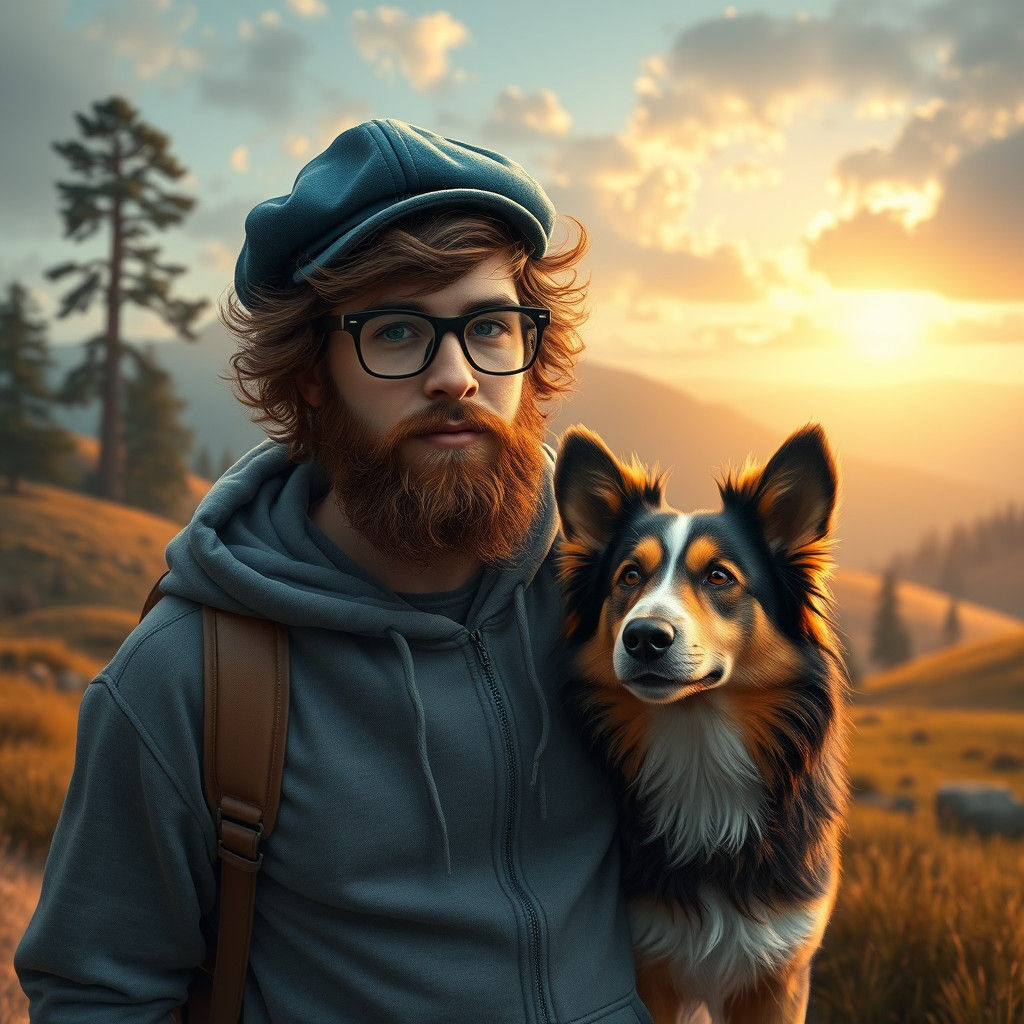 Man Walking Dog in Dreamlike Landscape, Concept Art
