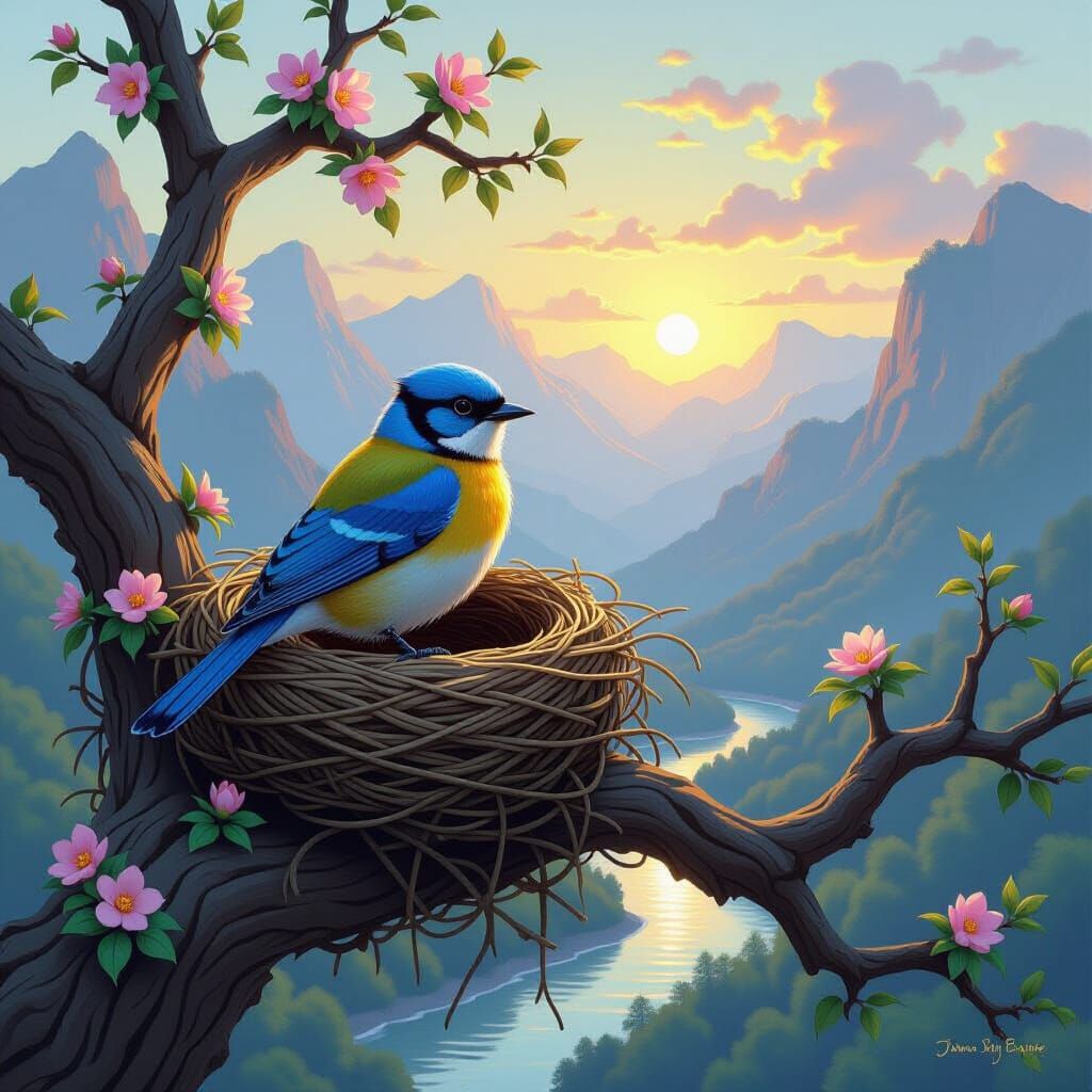 Vibrant Bird on Flowered Branch in Mountain Landscape