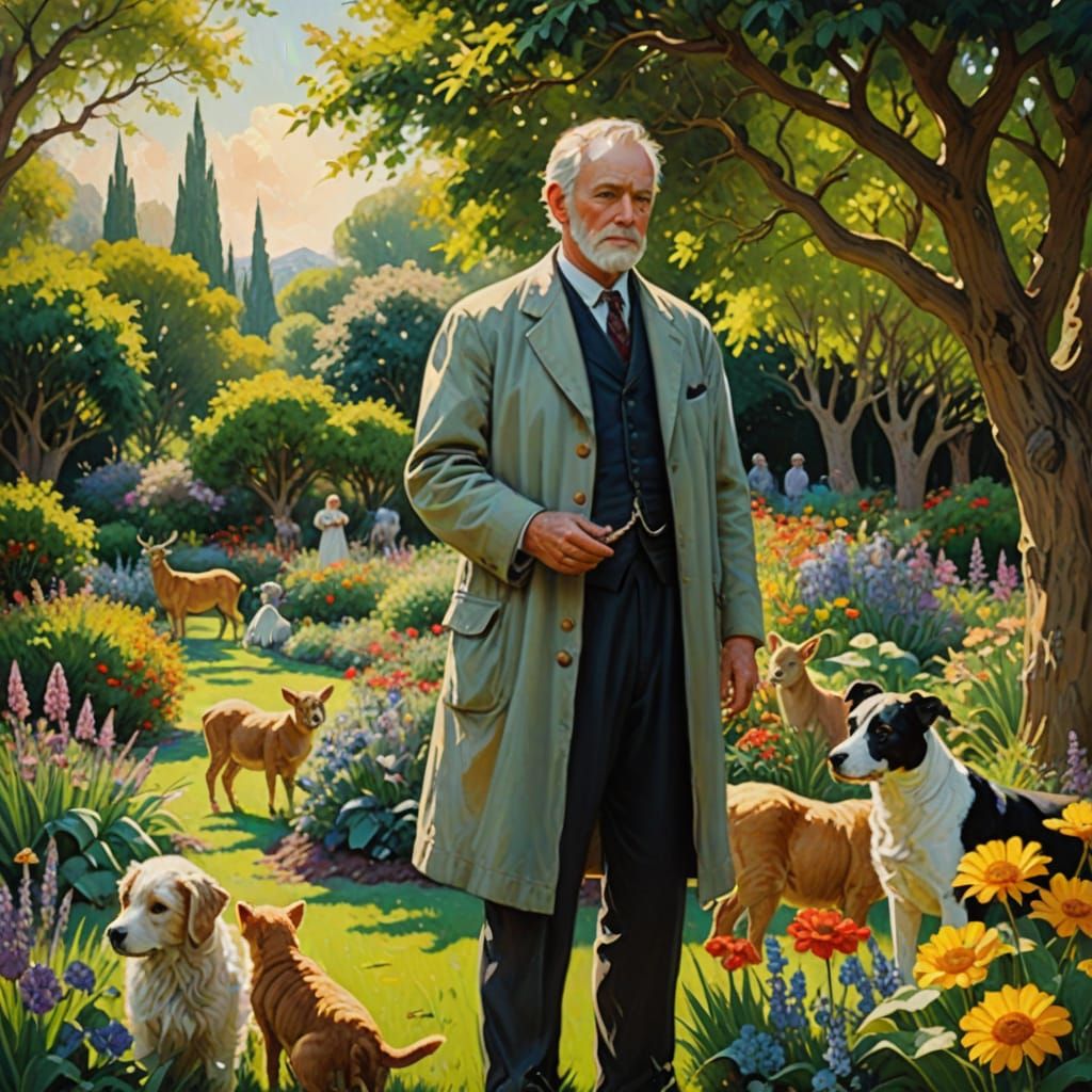 God in Garden with Animals, Impressionist Oil Painting