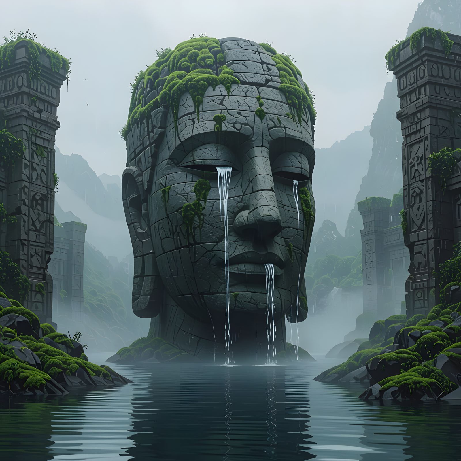 Colossal Stone Head Weeps into Misty Lake