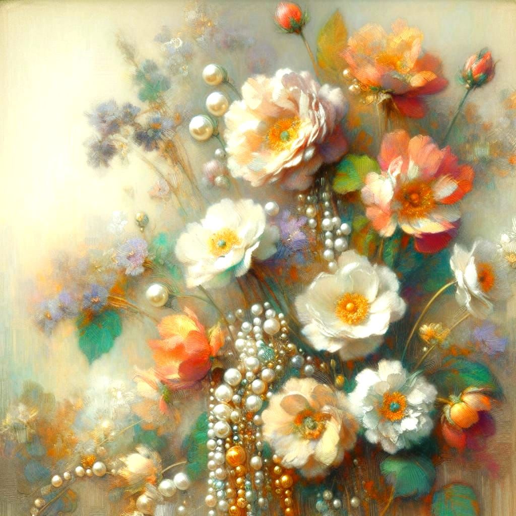 Floral Bust with Pearls in Impressionistic Style