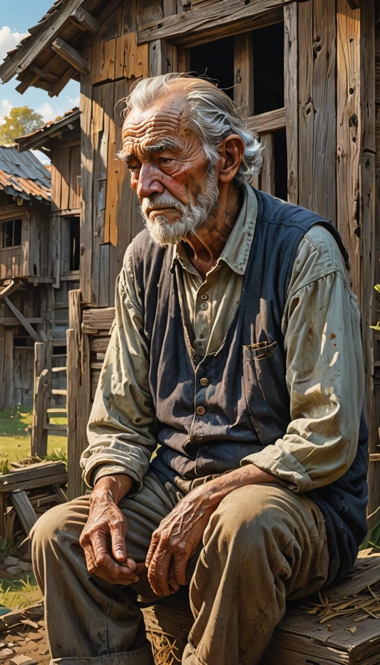 Wise Old Man Contemplates Farm Life: Hyperrealistic Art