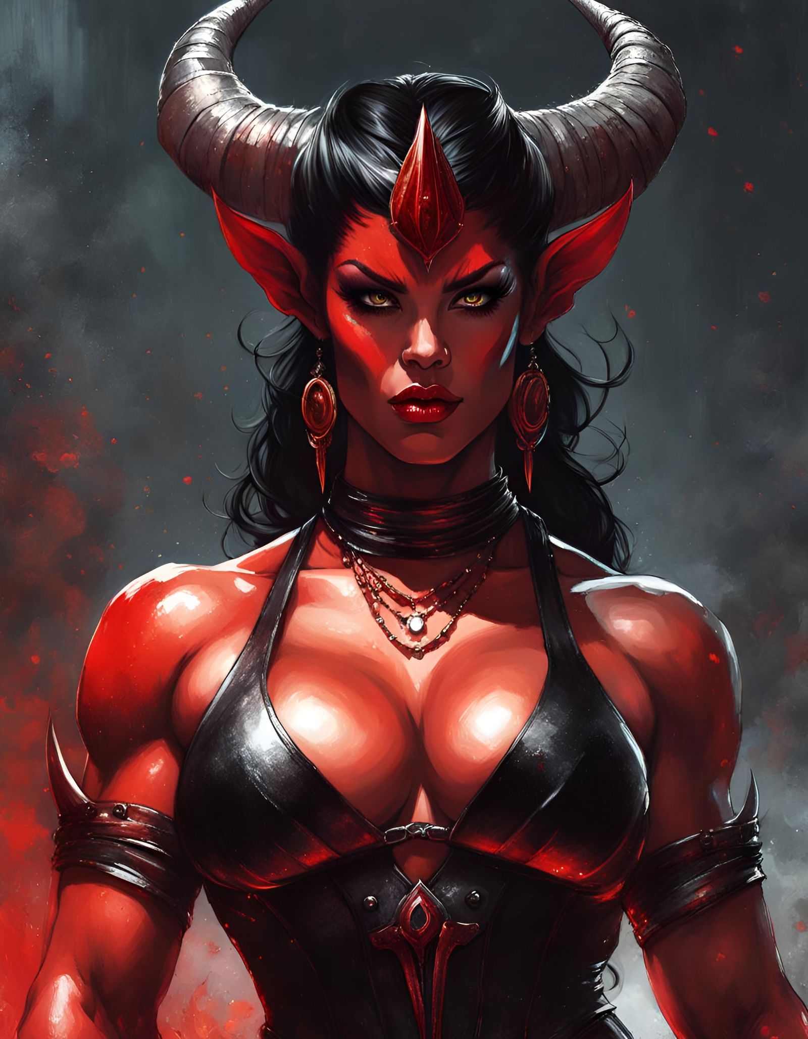 Hyperdetailed Demoness Caricature with Muscular Physique