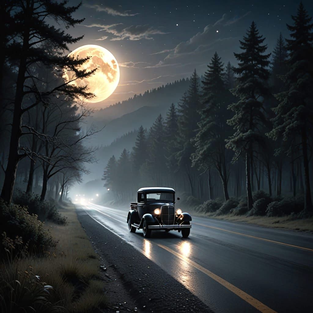 Midnight Highway Under a Full Moon